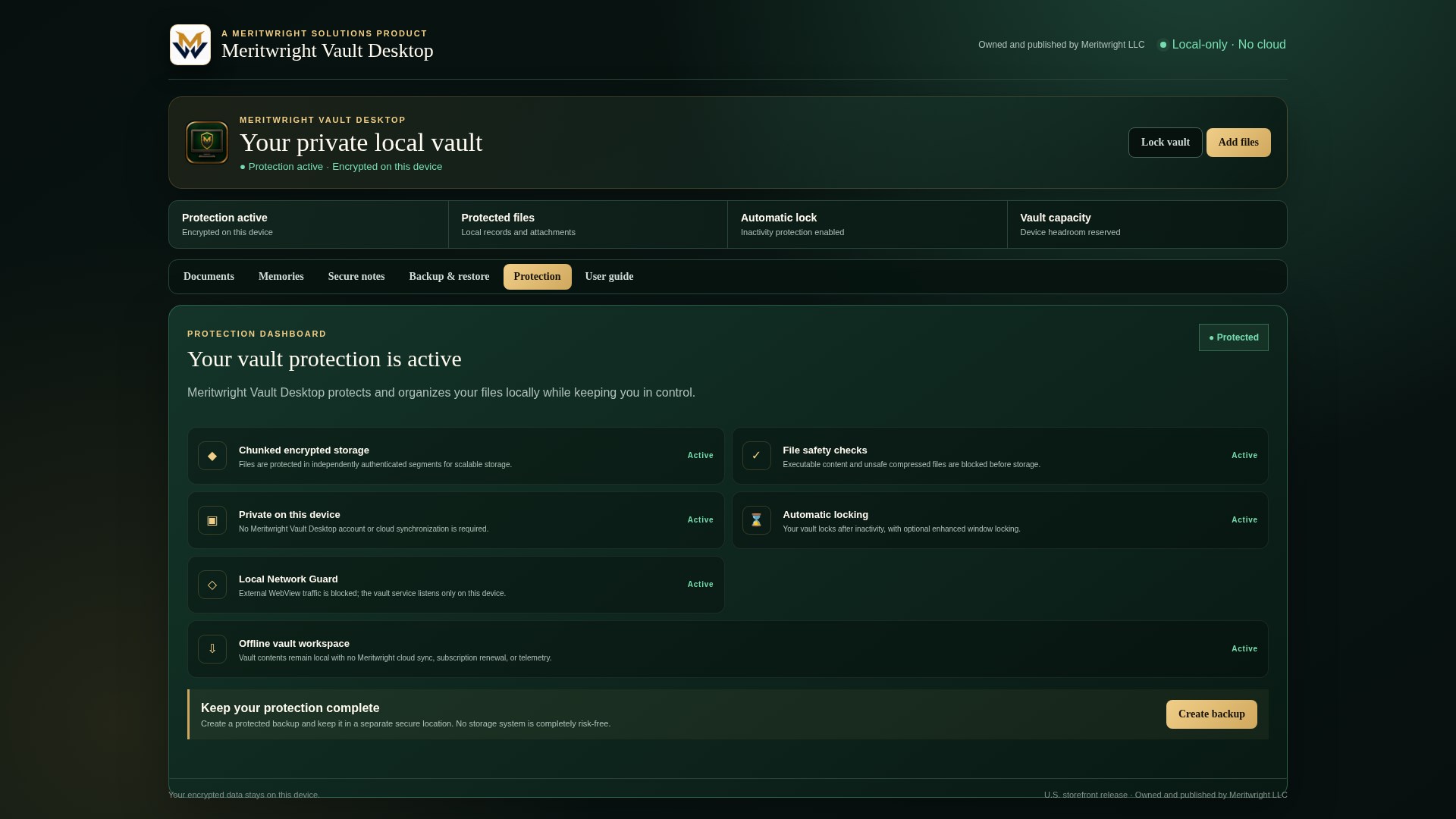 Meritwright Vault Desktop app screen showing protection built in