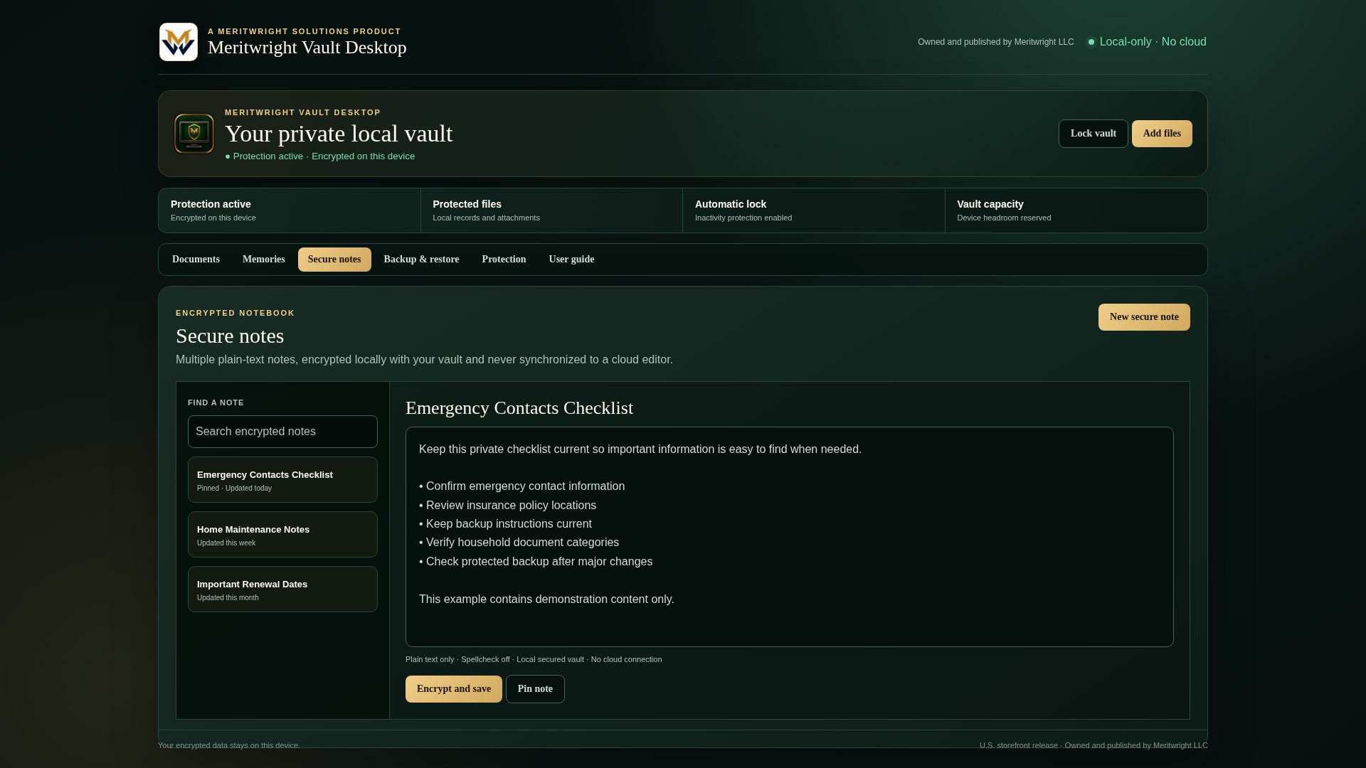 Meritwright Vault Desktop app screen showing find it when you need it
