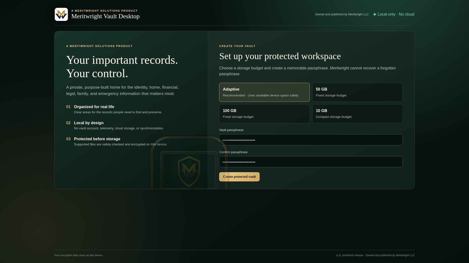 Meritwright Vault Desktop app screen showing private on your computer