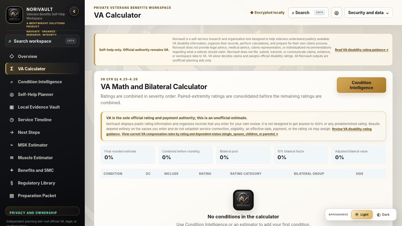 Norivault VA Calculator showing clearly labeled unofficial planning estimates