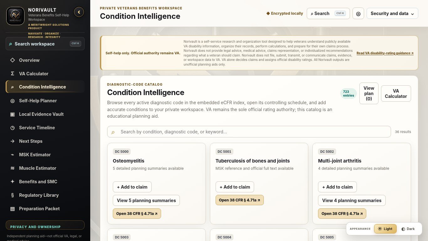 Norivault Condition Intelligence workspace with diagnostic codes and official references