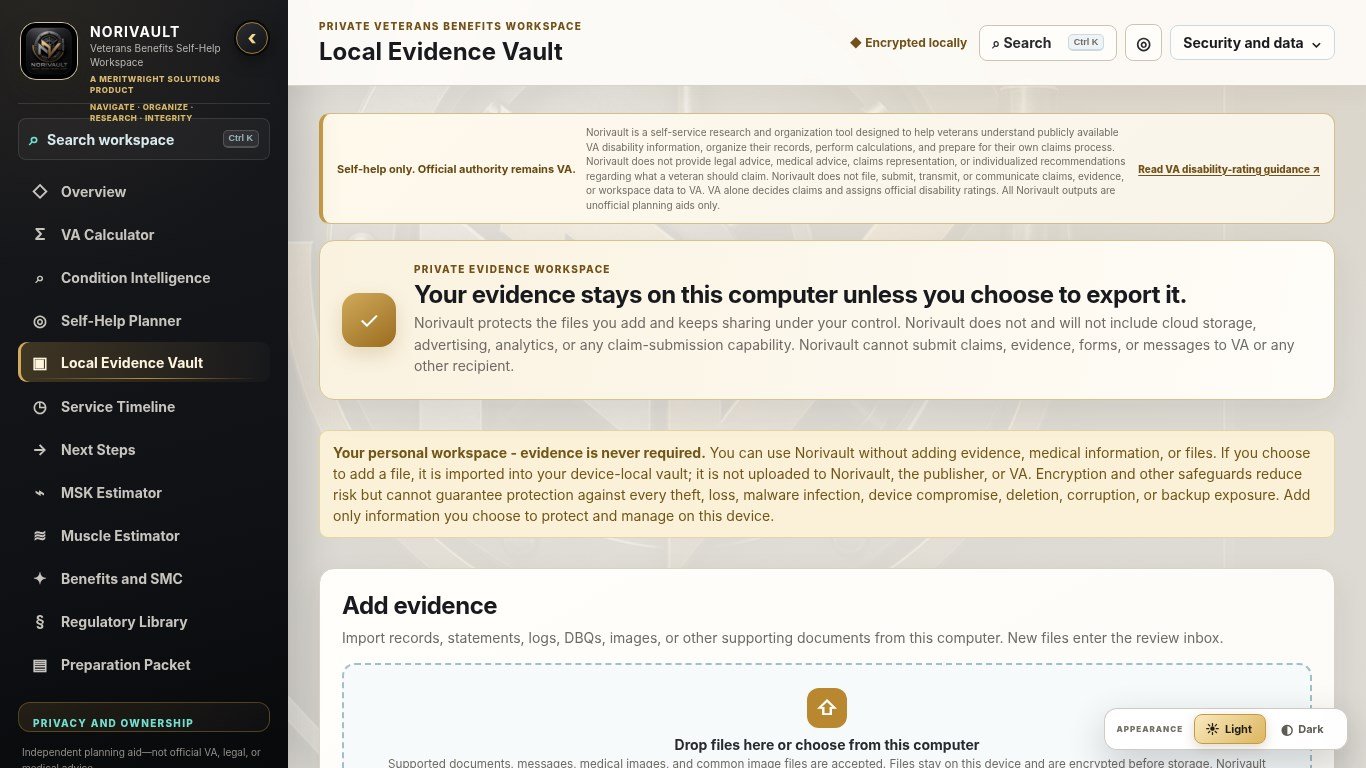 Norivault Local Evidence Vault for organizing optional documents on the user's computer