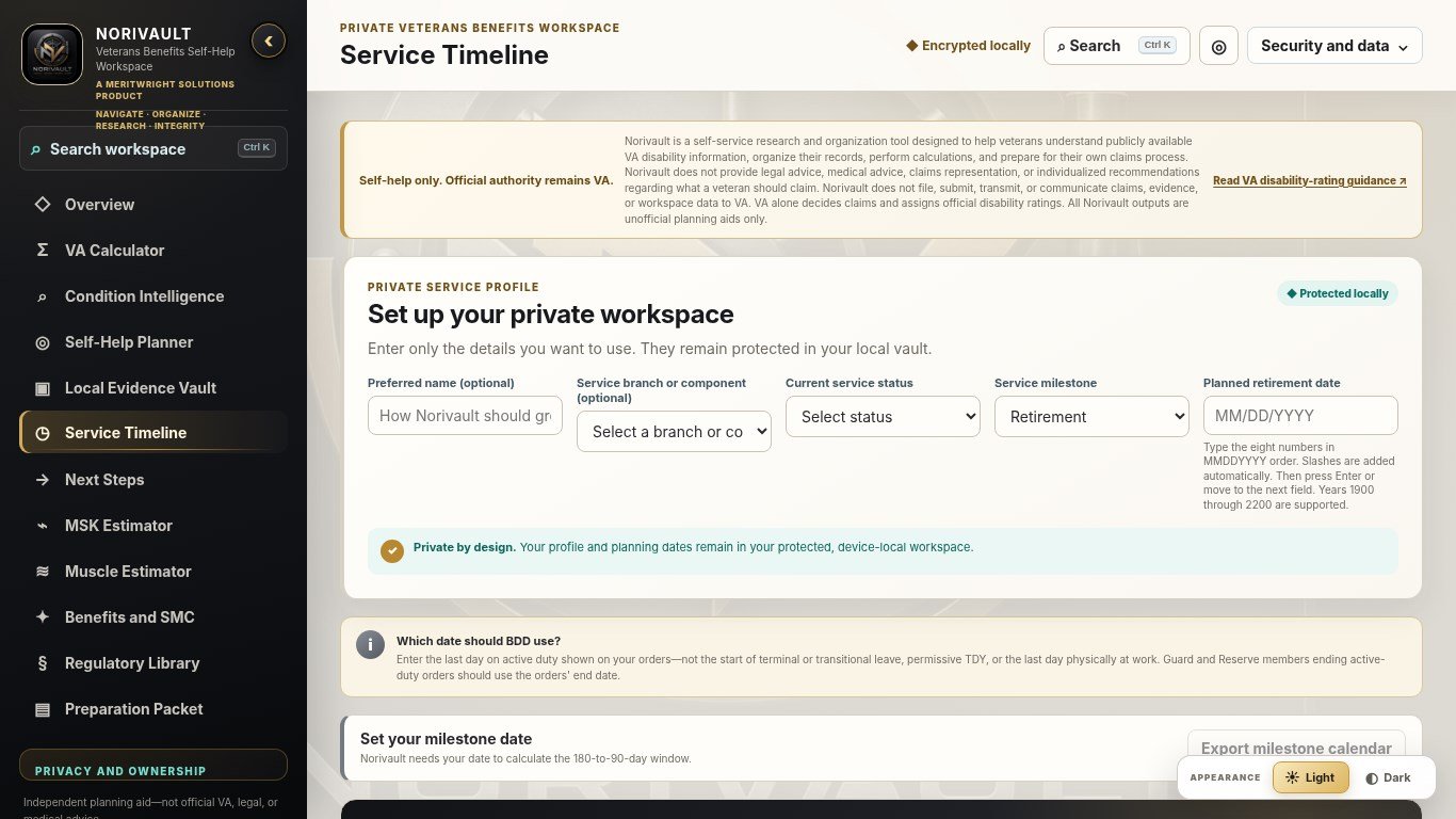 Norivault Service Timeline workspace for organizing service dates and preparation milestones